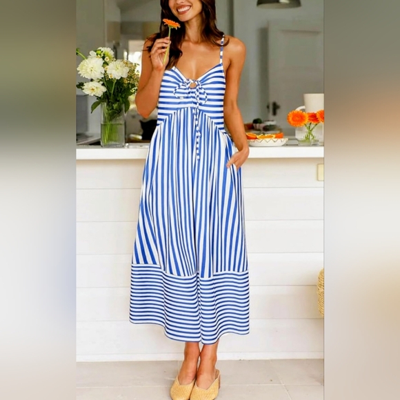 Blue and White Striped Summer Dress With Pockets NWOT - Picture 1 of 6